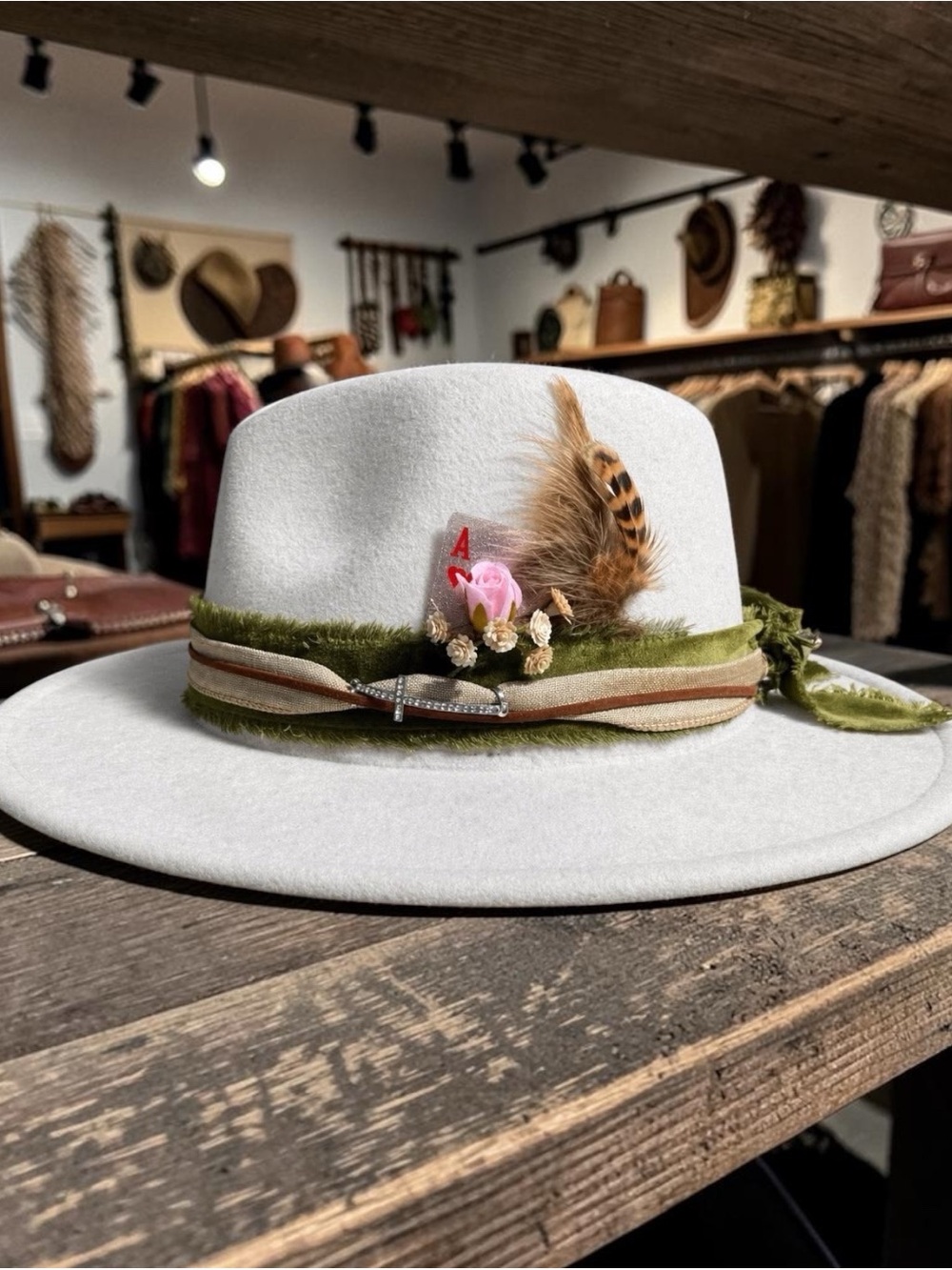 White Wool Felt Fedora Hat with Olive Trim and Feather Detail